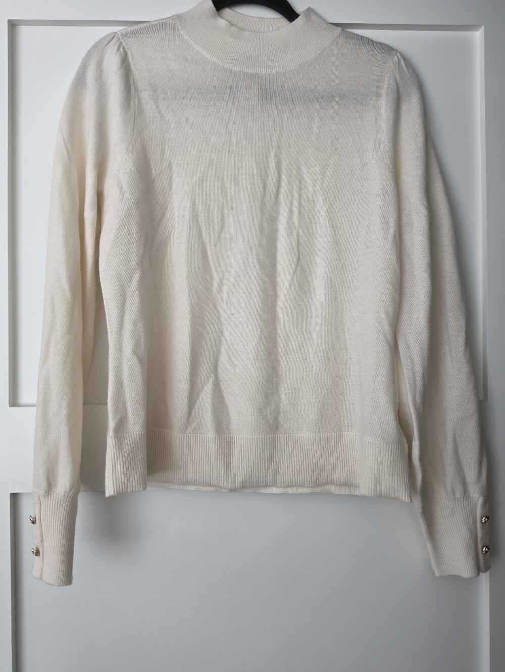 Martha Stewart Extrafine Merino Wool Mock Neck Sweater with Gold Button Cuffs